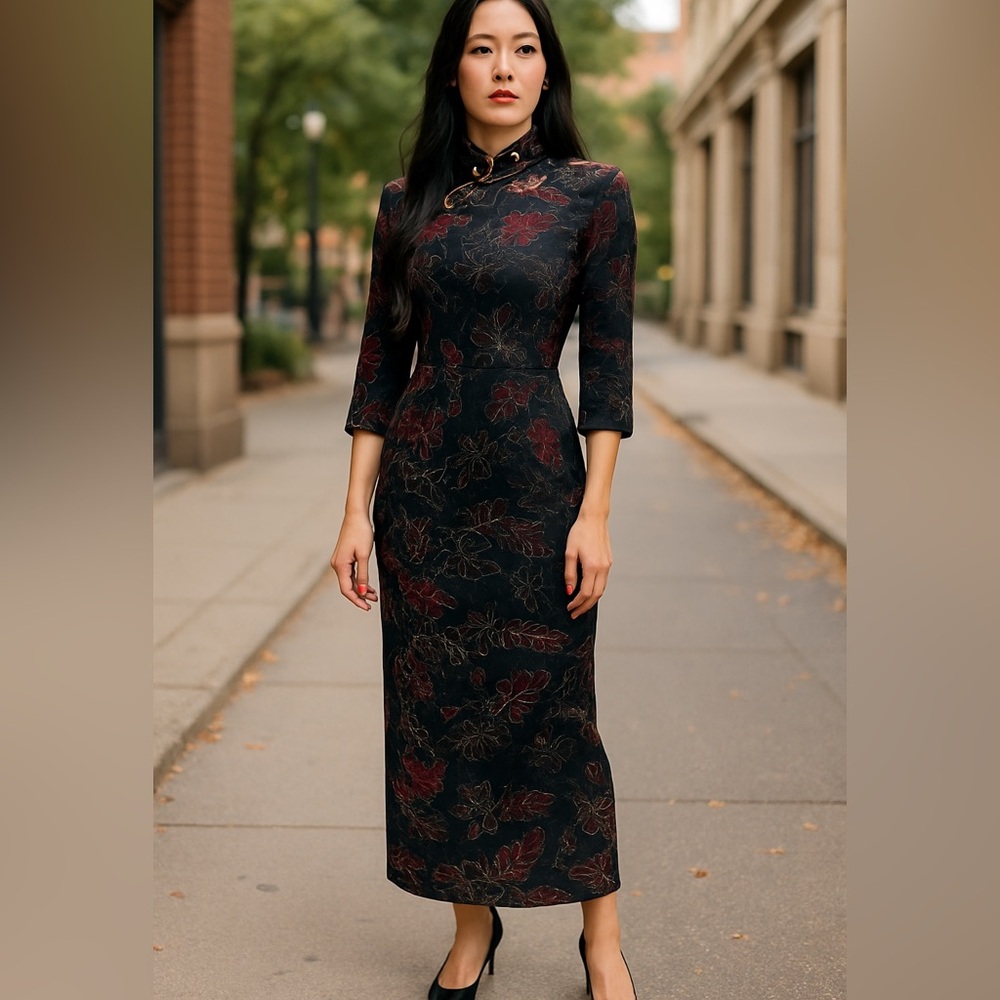 Elegant Floral Black  burnout velvet vintage Asian Dress M